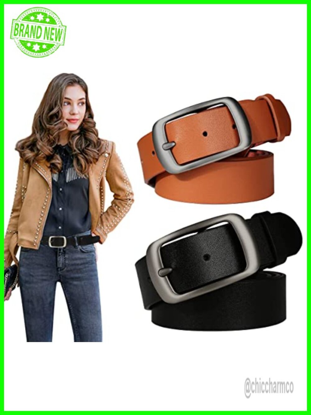 2 Pack Leather Belt for Jeans Pants Dresses Retro Alloy Buckle Waist-Defining